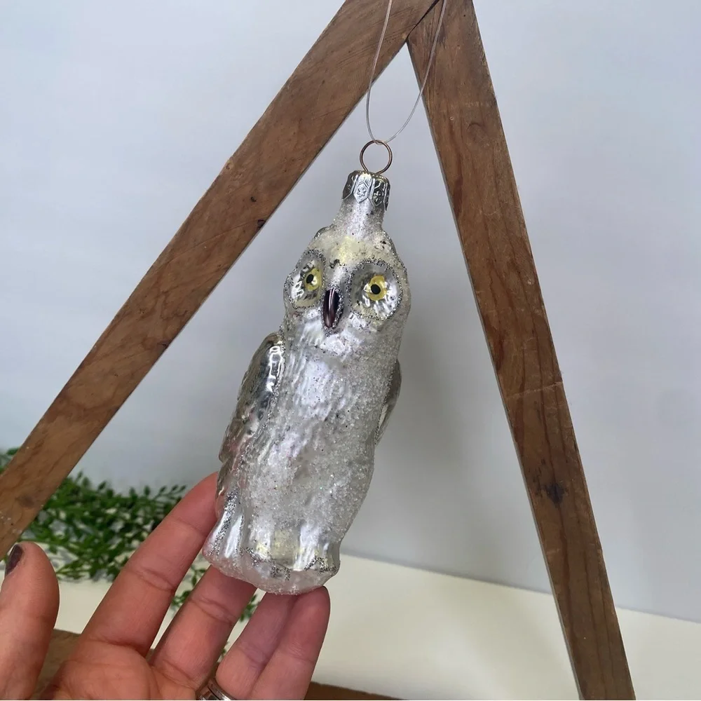 Hand Blown Glass Frosted White & Silver Owl Christmas Ornament